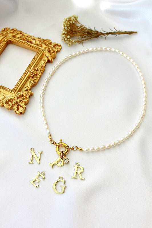 24 Karats Custom Initial  Freshwater Pearls Front Opening Choker